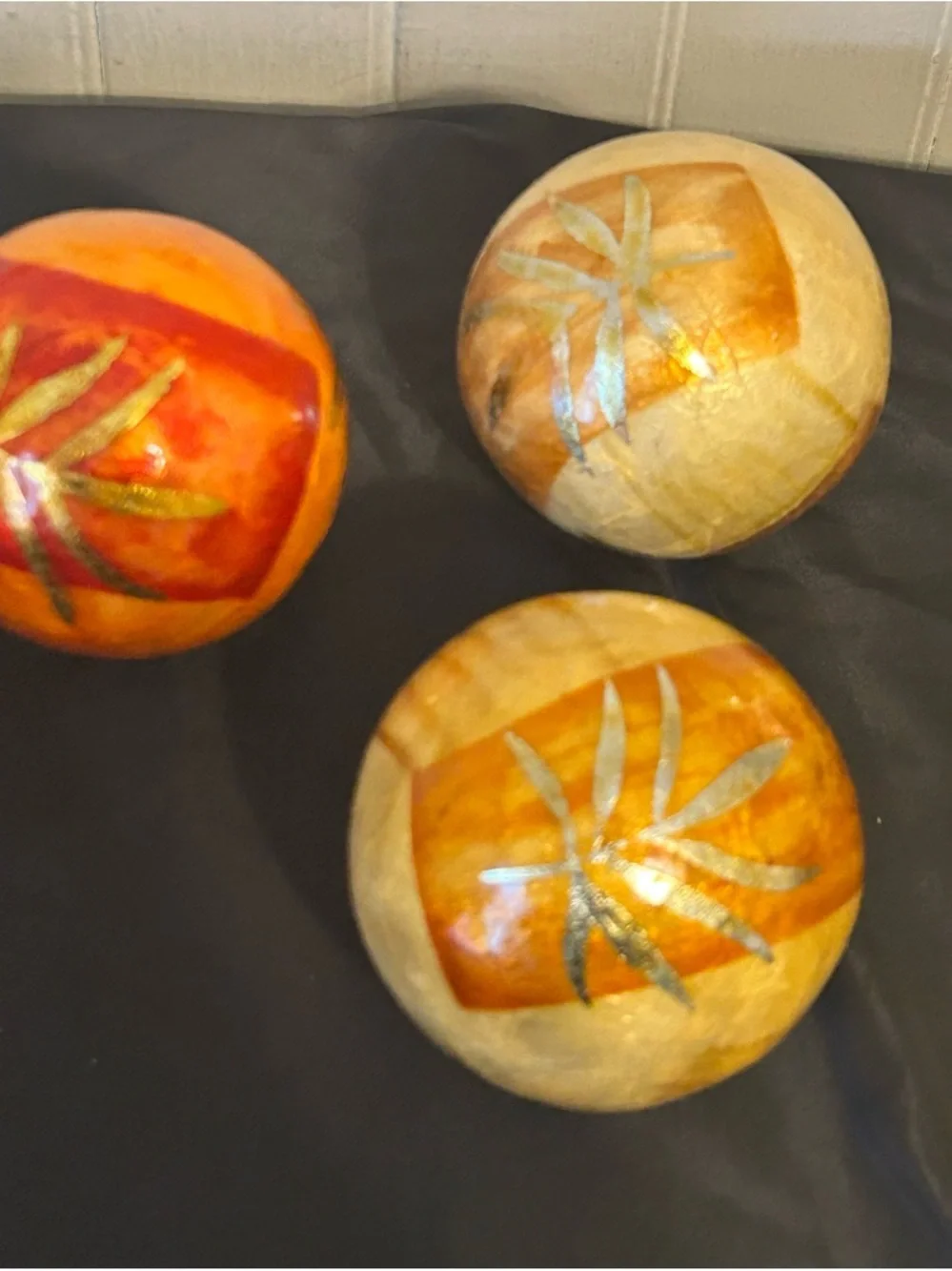 Three Vintage Pier 1 Hand-Painted Paper -Mache Decorative Spheres/Bamboo Leaf